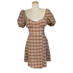 PrettyLittleThing Cream and Brown Checkered Mini Dress Women’s Size 4